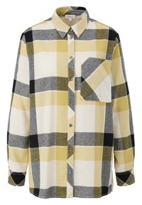 Camicia flanella button-up in giallo, nero, grigio e bianco a quadri. Caratterizzata da una tasca sul petto, maniche lunghe e colletto classico.