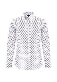 Biała koszula z długim rękawem z geometrycznym fioletowym wzorem, z kołnierzykiem zapinanym na guziki i prostym dołem. Wykonana z lekkiego materiału.