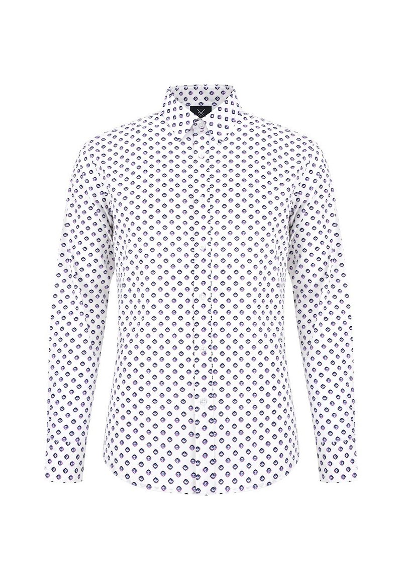 Biała koszula z długim rękawem z geometrycznym fioletowym wzorem, z kołnierzykiem zapinanym na guziki i prostym dołem. Wykonana z lekkiego materiału.