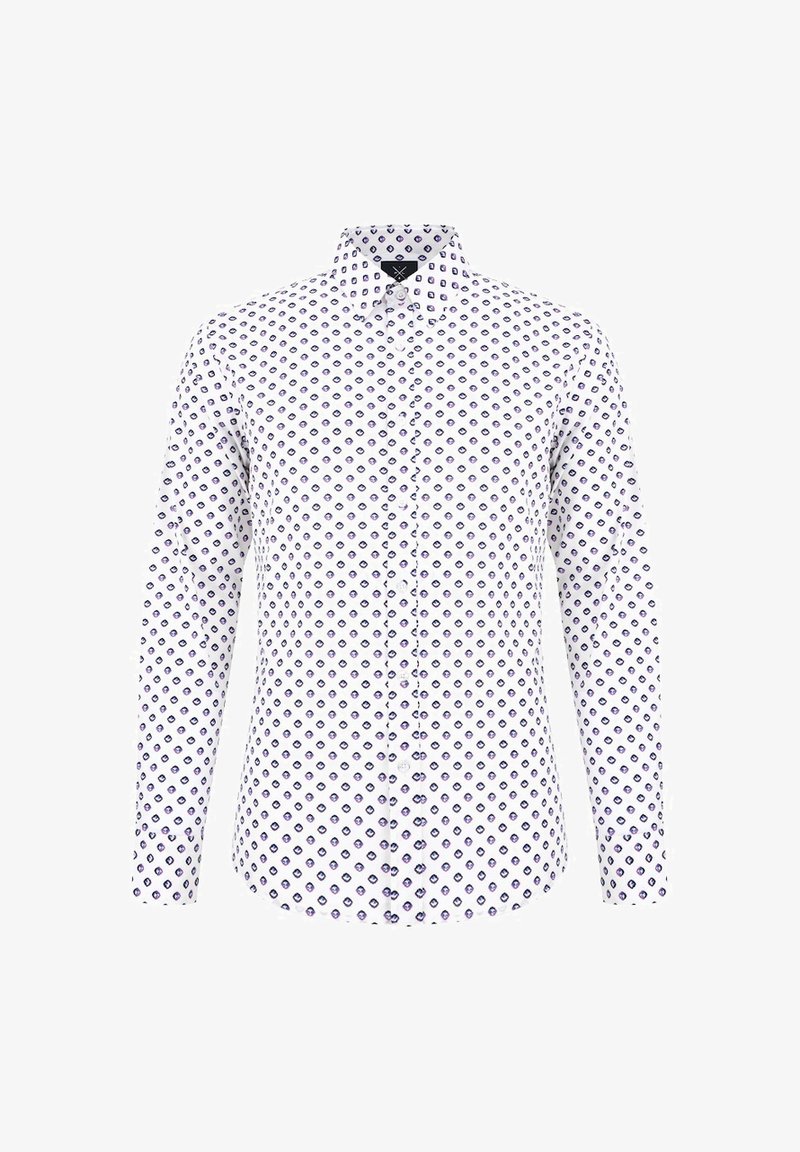 Biała koszula z długim rękawem z geometrycznym fioletowym wzorem, z kołnierzykiem zapinanym na guziki i prostym dołem. Wykonana z lekkiego materiału.