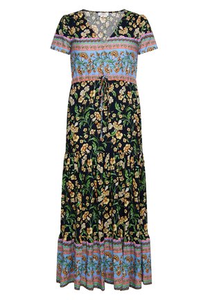 Maxi-jurk met bloemenprint in zwart, met korte mouwen, een V-hals, een strikceintuur en een gelaagde rok met een hem van blauw en roze patroon.