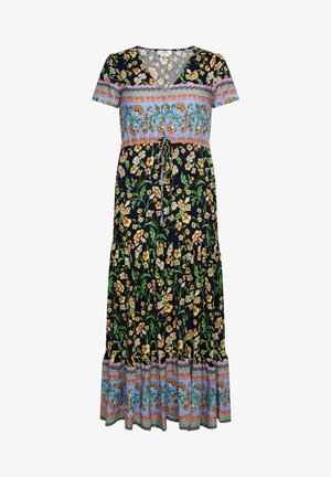 Maxi kjole med blomstermotiv i sort, med korte ærmer, V-hals, bindebånd i taljen og en lagdelt nederdel med blå og pink mønstret kant.