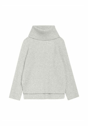 Jasnoszary sweter z golfem w prążkowanym wzorze, z długimi rękawami, złożonym kołnierzem i bocznymi rozcięciami u dołu dla swobody ruchów.