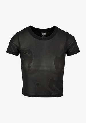 Zwarte cropped t-shirt gemaakt van sheer stof, met korte mouwen en een ronde hals. Gelaagde textuur en contrasterende effen afwerking.