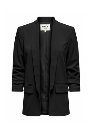 Blazer nero realizzato in tessuto liscio con colletto sciallato, apertura frontale e due tasche anteriori; presenta un design minimalista e una forma sartoriale.