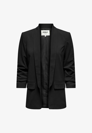 Czarna marynarka z gładkiego materiału z kołnierzem typu szal, otwartym przodem i dwoma kieszeniami z przodu; charakteryzuje się minimalistycznym stylem i dopasowanym krojem.