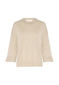 Pull en maille beige avec manches trois-quarts, encolure ronde et poignets et ourlet côtelés.
