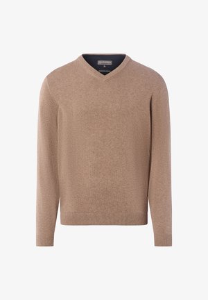 Bruine v-hals trui gemaakt van zacht breiwerk. Heeft lange mouwen, een geribbelde zoom en een klassieke pasvorm. Minimalistisch ontwerp zonder patronen of accenten.