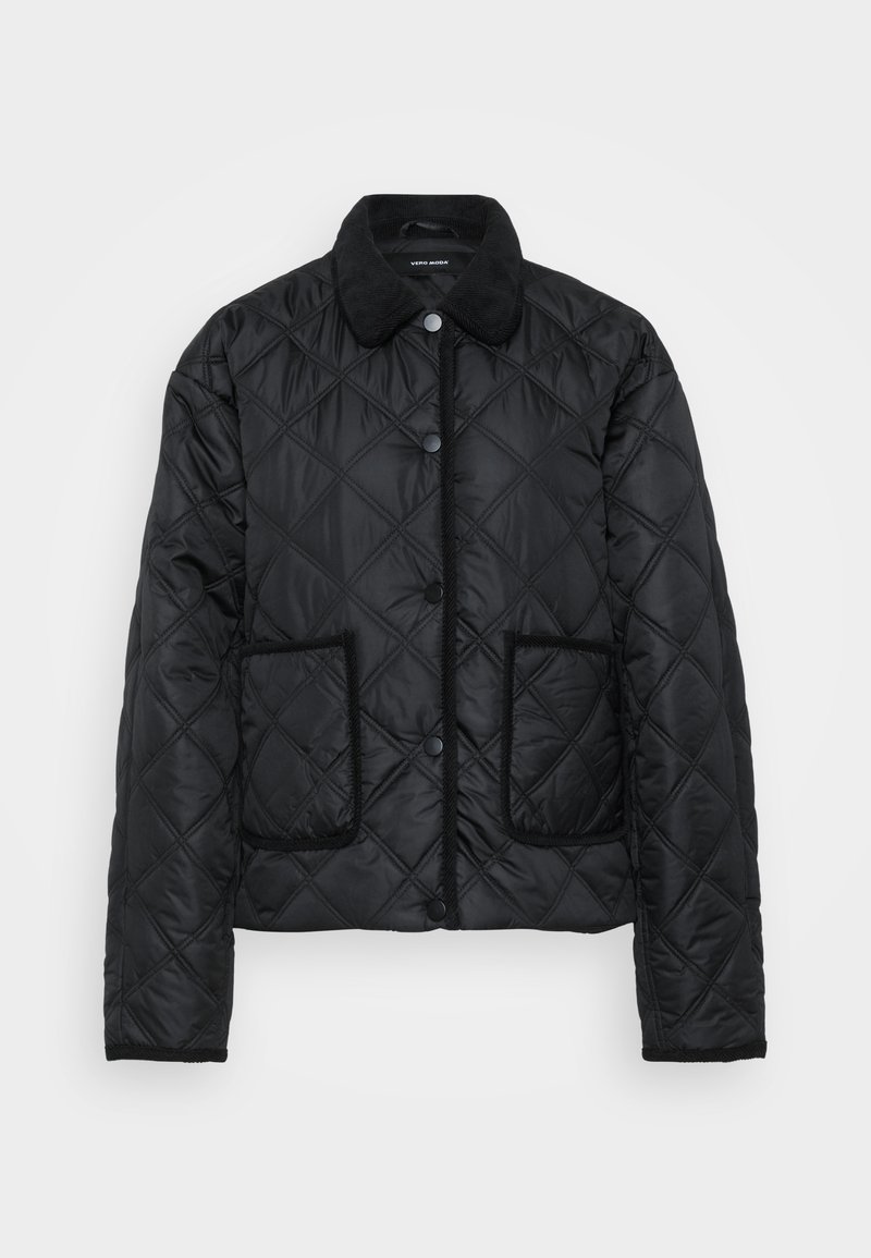 Veste matelassée noire avec un col en velours côtelé, dotée de deux poches avant et d'un système de fermeture à boutons-pression. Le motif texturé ajoute un intérêt visuel.