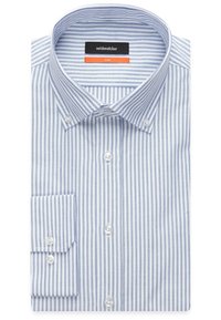Blauw-witte verticaal gestreepte lange mouwen overhemd met knoopsluiting en button-down kraag, netje opgevouwen, gelabeld "seidensticker" en "SLIM".