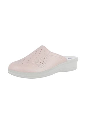Scarpa slip-on rosa chiaro con punta chiusa, tomaia traforata e suola bianca, progettata per comfort e facilità di calzata.