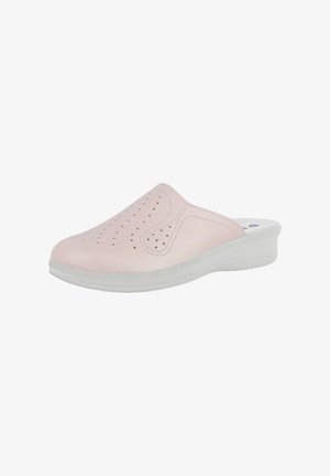 Scarpa slip-on rosa chiaro con punta chiusa, tomaia traforata e suola bianca, progettata per comfort e facilità di calzata.
