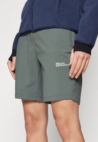 Žali šortai, pagaminti iš lengvos medžiagos, su tiesia iškirpte. Priekyje matomas baltas Jack Wolfskin logotipas.