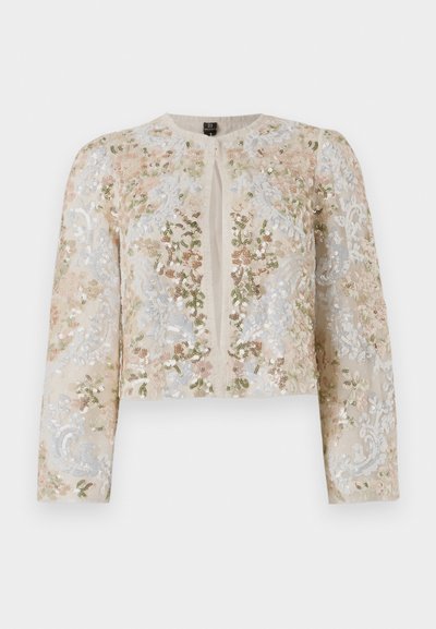 Bestickte, taillierte Jacke in Beige mit blühenden Motiven in Pink, Grün und Blau. Verfügt über lange Ärmel und einen runden Ausschnitt.