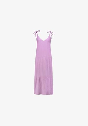 Lilac sundress with adjustable tie straps, v-neckline, and textured fabric. Flared, tiered skirt enhances the flowing silhouette.