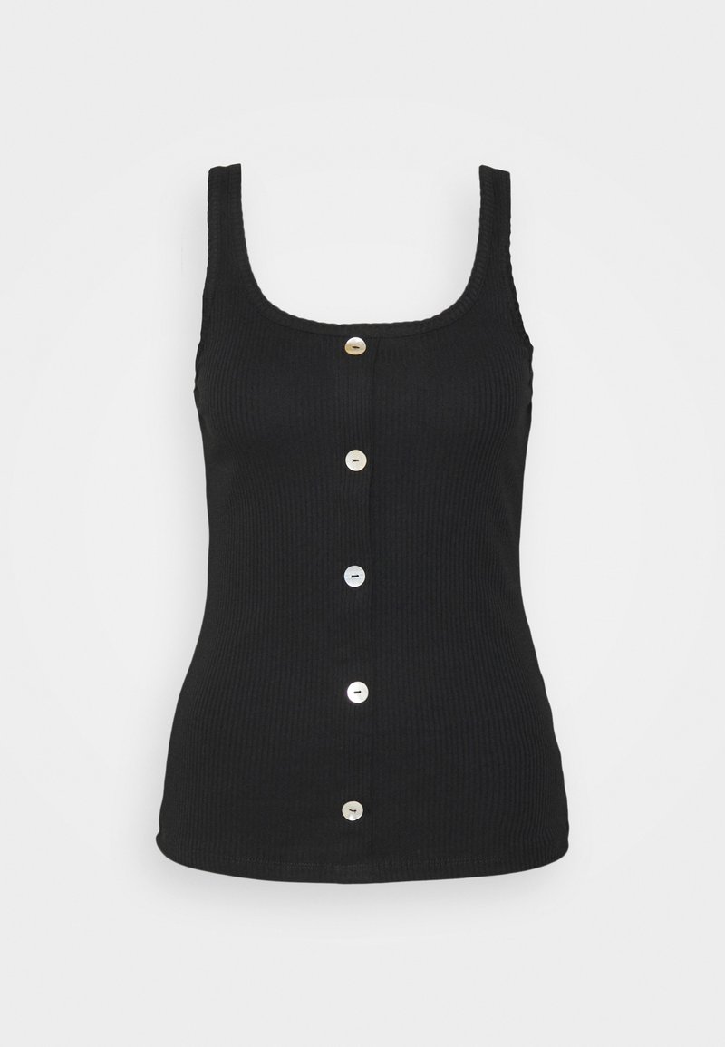 Svart ribbad linne med rund halsringning och fem silverknappar nedanför mitt fram på vit bakgrund.