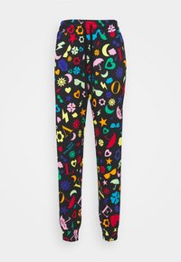 Czarne spodnie dresowe z wielokolorowym wzorem serc, gwiazd, kwiatów i symboli. Mankiety i pas mają elastyczne wykończenia.