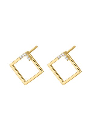 Gold square stud earrings with a polished finish, featuring a cluster of small clear stones on one edge.