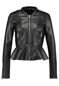 Zwarte leren jas met een peplumzoom, ritssluiting aan de voorkant en zijzakken, met een gladde textuur en een minimalistisch ontwerp.