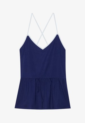 Tumši zili peplum topi, izgatavots no mīksta materiāla, ar V-veida kakla izgriezumu un gaiši ziliem krusteniskajiem siksnām. Tekstūru bagāts un viegls dizains.