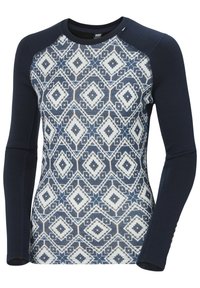 Langarm-Sportoberteil mit einem geometrischen Muster in Blau und Weiß, dunkelblauen Ärmeln und tailliertem Schnitt mit Rundhalsausschnitt.