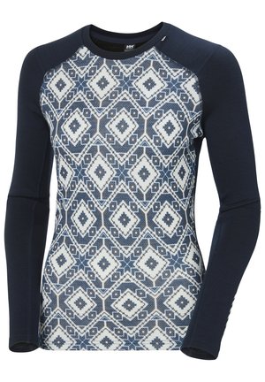 Sportieve lange mouwen top met een geometrisch blauw-wit patroon, donkerblauwe mouwen en een aansluitend ontwerp met een ronde halslijn.