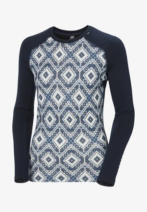 Dlouhý rukáv sportovní top s geometrickým modro-bílým vzorem, tmavomodrými rukávy a přiléhavým střihem s kulatým výstřihem.
