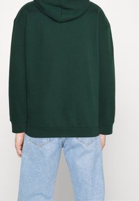 Felpa verde con cappuccio, maniche lunghe, polsini e orlo a costine, vista dal retro. Abbinata a jeans di denim blu chiaro.