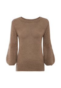 Brązowy sweter dziany, z okrągłym dekoltem i bufkami na rękawach. Żebrowane mankiety i dół dodają faktury i struktury.