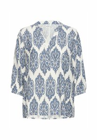 Weiße Bluse mit blauem Damastmuster, V-Ausschnitt und lockeren Ärmeln. Weicher Textur und lässiger Schnitt, verziert mit komplizierten Motiven.