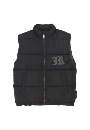 Gilet imbottito nero con colletto alto, zip frontale e tasche laterali. Presenta un logo ricamato verde con texture sul petto.