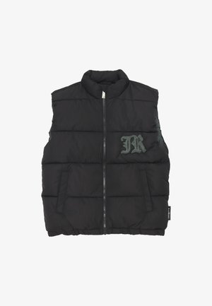 Gilet imbottito nero con colletto alto, zip frontale e tasche laterali. Presenta un logo ricamato verde con texture sul petto.