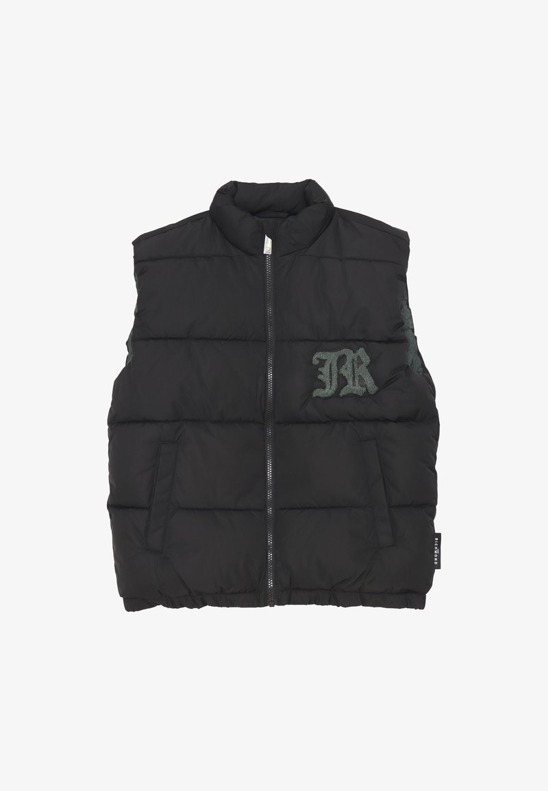 Gilet imbottito nero con colletto alto, zip frontale e tasche laterali. Presenta un logo ricamato verde con texture sul petto.