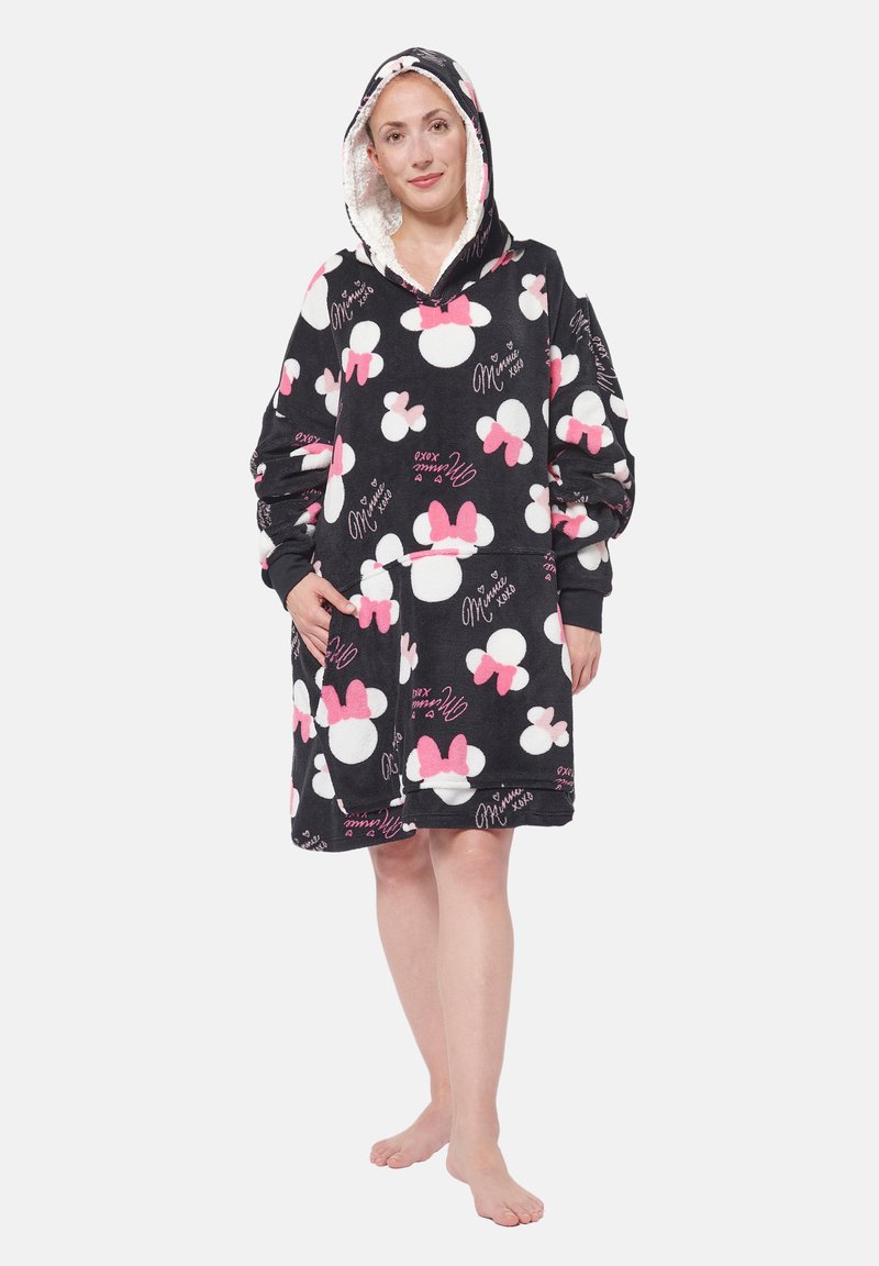Abito felpa nero con cappuccio e pois bianchi e rosa, caratterizzato da una consistenza morbida, tasca frontale e motivi grafici.