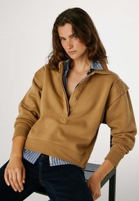 Pruun sweatshirt kõrge kaelusega, nuppudega esiosa ja õlavarre aktsentidega, mille peal on sinine ja valge triibuline särk. Näha on tumesiniseid teksaseid.