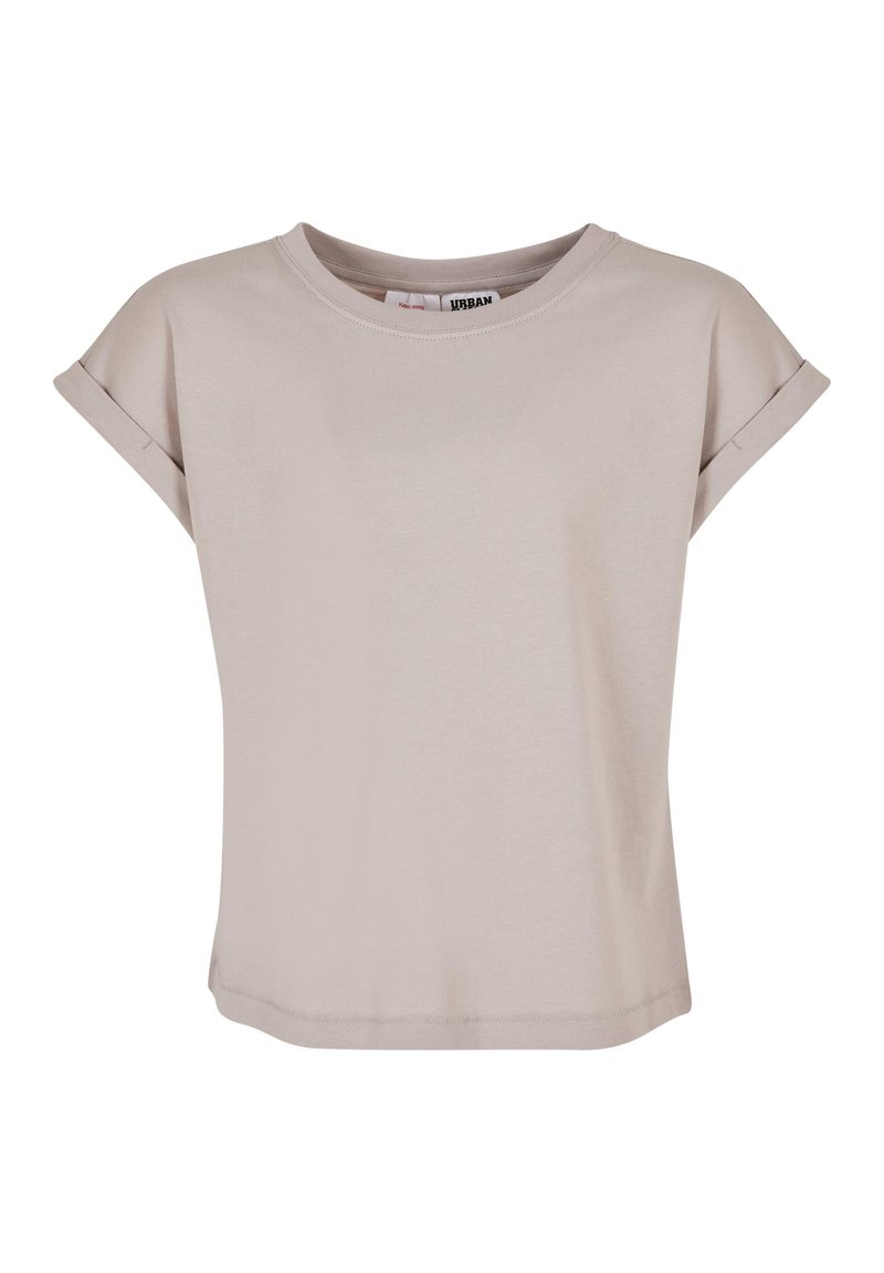 Lys beige kortermet t-skjorte med avslappet passform, rund hals og rullede ermer. Glatt stoff med en lett strukturert overflate.