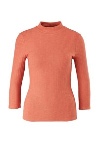 Gestreifter Rollkragenpullover in einem gedeckten Koralleton, mit einer taillierten Passform, langen Ärmeln und einer weichen Textur.