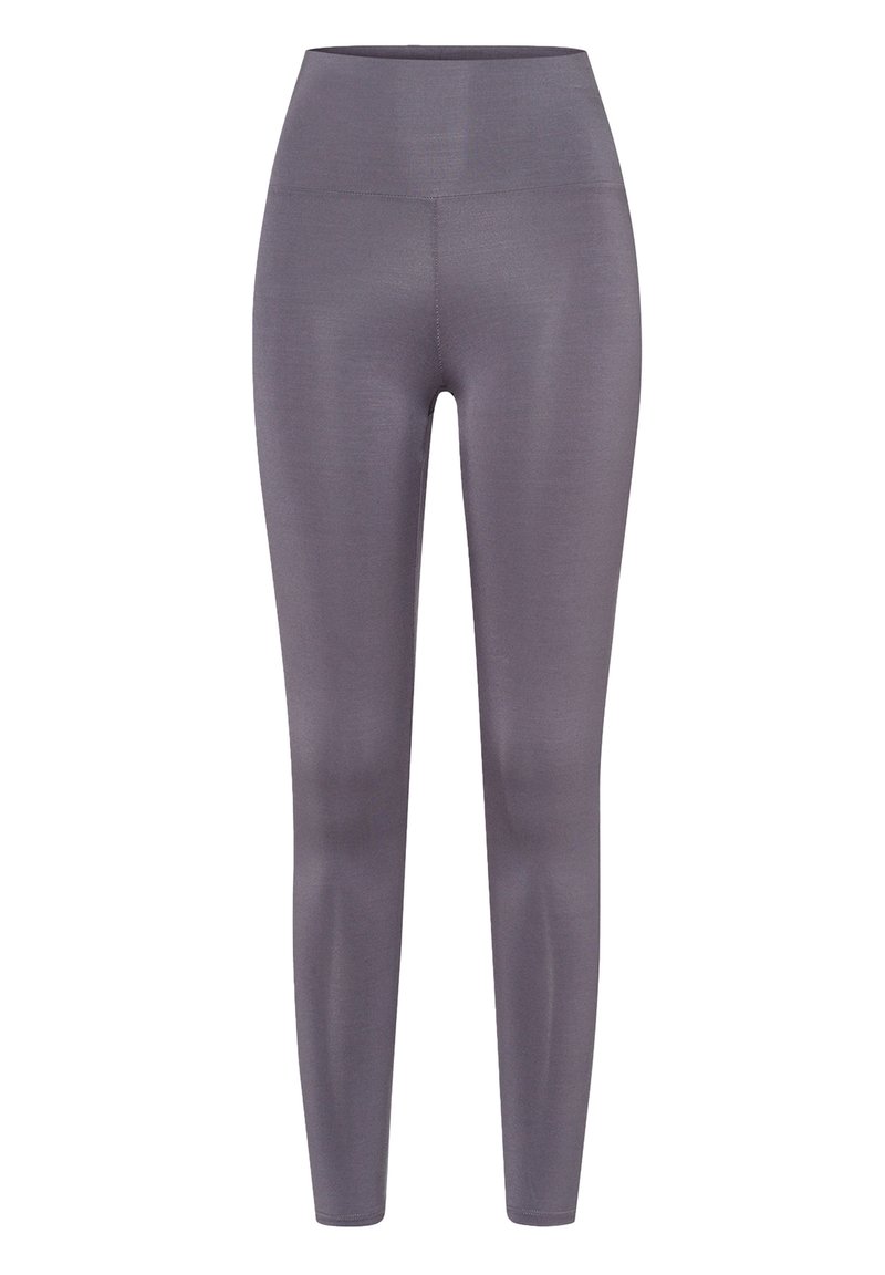 Leggings grigi con lycra a vita alta, texture morbida e design aderente, senza cuciture o motivi visibili.