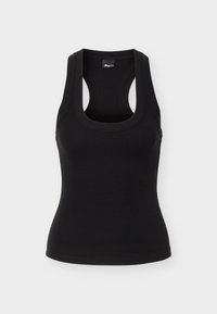 Μαύρο ριμπ αμάνικο τοπ με στρογγυλή λαιμόκοψη και στυλ racerback, σε μονόχρωμο ανοιχτό φόντο.