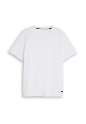 Schlichtes weißes T-Shirt mit kurzen Ärmeln und Rundhalsausschnitt mit einem kleinen schwarzen Etikett nahe dem unteren Saum vor weißem Hintergrund.