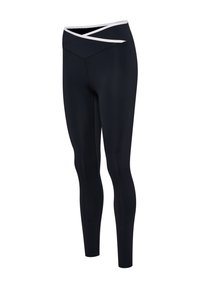 Zwarte leggings met hoge taille en wit biesje op de crossover tailleband, slim fit en met pijpen in volle lengte.