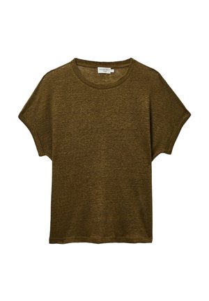T-shirt marron à manches courtes et col rond, coupe décontractée avec manches légèrement retroussées, posé à plat sur un fond blanc.