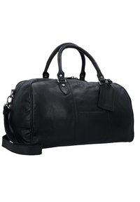 Borsa da viaggio in pelle nera, di forma rotonda, con doppi manici, tracolla staccabile, chiusura con zip e attacco per etichetta bagaglio.