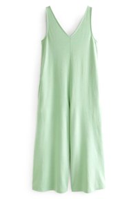 Jumpsuit vert menthe avec un design en V, sans manches et aux jambes larges. Fabriqué à partir d'un tissu doux au toucher lisse.