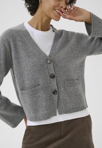 Gray cardigan with a v-neck, four buttons, and two front pockets. Features a soft texture and ribbed cuffs for added detail.