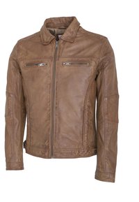 Chaqueta de cuero marrón para hombre con cierre de cremallera en el frente, dos bolsillos en el pecho y bolsillos laterales. Presenta un cuello y un acabado texturizado.