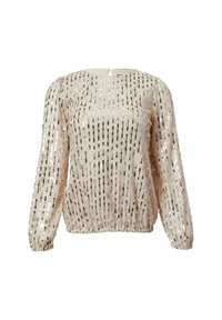 Durchsichtige Bluse mit langen Ärmeln in Beige, verziert mit silbernen und bronzefarbenen Pailletten in vertikalen Streifen. Sie hat einen runden Halsausschnitt und einen elastischen Saum.