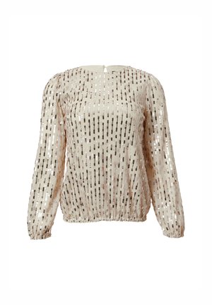 Camicia trasparente a maniche lunghe color beige con paillettes argento e bronzo disposte in strisce verticali. Presenta un colletto rotondo e un orlo elasticizzato.