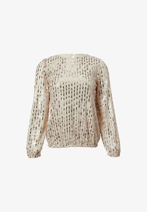 Przezroczysta bluzka z długim rękawem w odcieniu beżowym, ozdobiona srebrnymi i brązowymi cekinami ułożonymi w pionowe paski. Posiada okrągły dekolt oraz elastyczny dół.