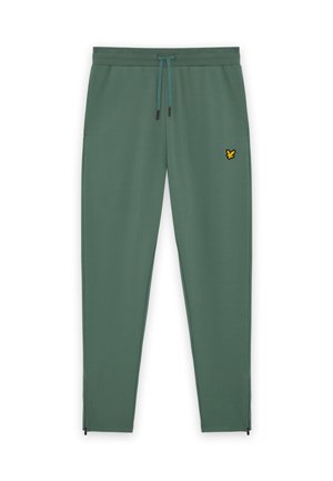 Pantaloni sportivi verdi con un elastico in vita, tasche laterali e un piccolo logo giallo. Presentano cerniere alla caviglia per facilitare l'indossamento.